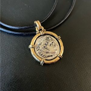 Necklace Antique Silver & Gold Ancient Roman Coin Replica on Black Leather Cord
